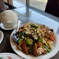 Kung pao tofu under the vegetarian menu. Let them know vegan and they’ll know exactly what to do    at Great China in Kirkland