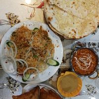 Veg biryani, samosas and dip, daal, garlic naan. at Madina Indian Bistro in Hualien