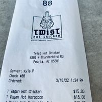 Receipt- before tax and tip  at Twist Hot Chicken in Peoria