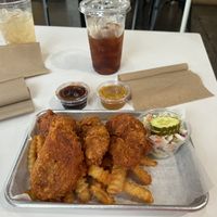 Vegan tender box with coleslaw. Grape chipotle dipping sauce. Root beer   at Twist Hot Chicken in Peoria