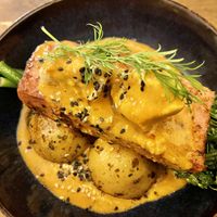 Tofu salmon with a crust  at Meet Vegano in Malaga