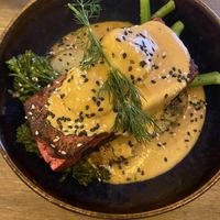 Salmon-like tofu with potatoes, broccoli and tasty cream   at Meet Vegano in Malaga