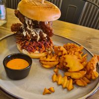 Mushroom Burger and fries 🤤 at Meet Vegano in Malaga