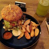 The meet Burger, with crunchy bun and chili dip. at Meet Vegano in Malaga