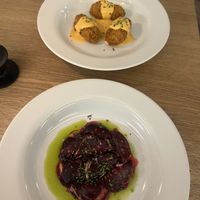 Beetroot carpaccio and carrot croquettes  at Meet Vegano in Malaga