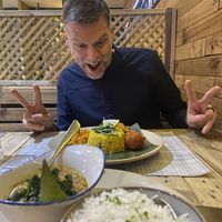 My husband very happy with his vegan abula 😂  at Ayubowan in Glossop