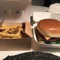 Vegan burger and fries.  at Café Larsen in Lemvig