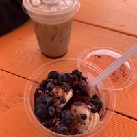 Espresso açaí bowl without granola and mocha latte at Blissed Out in Vineyard Haven