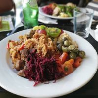 My mix of seitan, rice, tofu, olives at Salsa Verde in Evora
