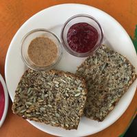 Toasted seeded bread w almond butter and jam at Queen Sally's Diamond Deli in Wellington