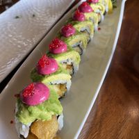 Speciality Rolls - Ewa (matcha salt seasoned enoki tempura avocado, smoked beet aioli, yuzu seaweed
pearls, truffle salt) our fav of the evening   at Tane Vegan Izakaya in Berkeley