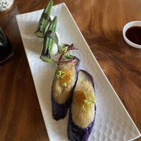 Nigiri - Okra (grilled, garlic oil, truffle salt) and Eggplant (marinated, saikyo miso, scallions)  at Tane Vegan Izakaya in Berkeley