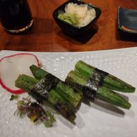Okra nigiri. Delicious w Pickled ginger at Tane Vegan Izakaya in Berkeley