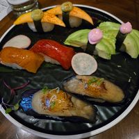 Mango, Peppers, avocado, and eggplant nigiri at Tane Vegan Izakaya in Berkeley