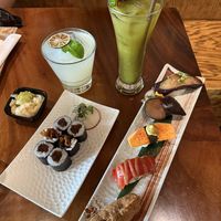 cocktails: tane mule, matcha yuzu(mocktail) and burdock roll and nigiri sampler  at Tane Vegan Izakaya in Berkeley