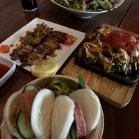 beet salad, chik’n skewers, roasted brussel sprouts and bao buns  at Tane Vegan Izakaya in Berkeley