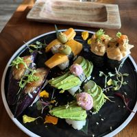 Eggplant, pickled mango, avocado and Eryngii Nigiri   at Tane Vegan Izakaya in Berkeley