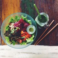 make sure to try the kale chips in your salad! at Alchemy in Ubud