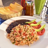Soy scramble with tortillas and green juice   at Cafe Los Cuiles in Oaxaca
