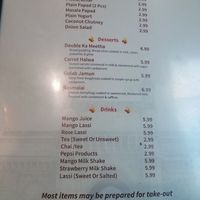 Last page of menu at Persis Indian Grill in Cookeville