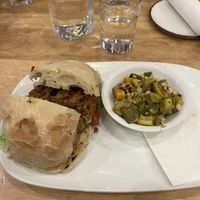 seitan burger special w seasonal squash vegetable side  at Duke's Alehouse and Kitchen in Crystal Lake