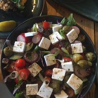 Greek style salad with vegan feta  at Susa Plant Based Kitchen in Ryde