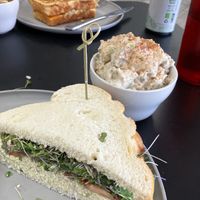 Egg salad sandwich, potato salad, tuna melt and a beer   at Midtown Vegan Deli & Market in Tucson