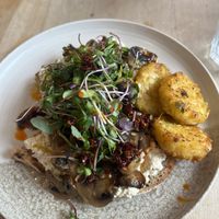 Miso butter mushrooms with whipped tofu  at Flour House in Bristol