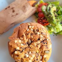 Veggie burger with salad and sweet potato fries at Lit in Puerto Vallarta