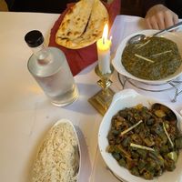Masala Bhindi Sabat & Aloo Palak with garlic Naan & Rice  at Deep Indisk Restaurant in Copenhagen