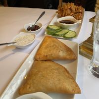 Samosa and deep fried vegetables as starters (vegan dips included)  at Deep Indisk Restaurant in Copenhagen