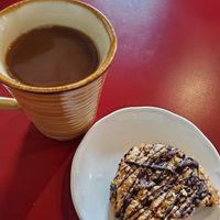 Vegan breakfast cookie & coffee with non-dairy milk at Stolen Church in Invermere