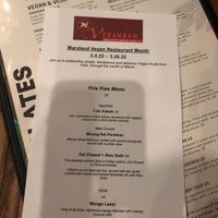Vegan resto week menu  at The Verandah Kitchen in Baltimore