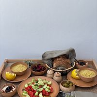 breakfast with greek salad and fava beans. so yummy! at Ethos Vegan Suites in Santorini