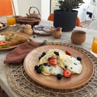 Blueberry pancakes and a spinach savory pie  at Ethos Vegan Suites in Santorini