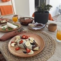 Chocolate crepes and a chickpea “tuna” wrap  at Ethos Vegan Suites in Santorini