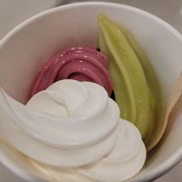 Three flavours: coconut (white), wild berries (pink), and apple, kiwi and avocado (green) at Funky Frozen Yoghurt - Storo in Oslo