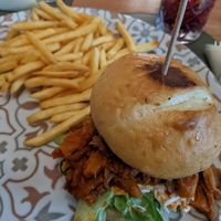 Vegan burger with bbq oyster mushrooms and fries 🤤 at Barakokula in Split