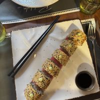 Geisha rolls: tofu, sushi rice, cucumber, peppers, sesame seeds with soy sauce and spicy mayo  at Barakokula in Split