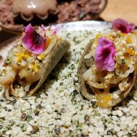 Candied orange peel taco on a bed of hemp seeds at JOLA in Vienna