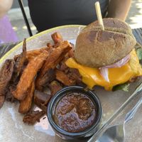 Buffalo Chicken Sandwich with sweet potato fries (pickles, onions and cheese )  at The Volstead by Unity in Philadelphia