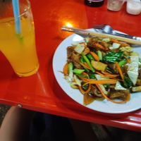 Orange juice and pad see Ew at Jeng Noodle Thai Food & Vegetarian Food  in Bangkok