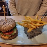 Vegan burger with fries at Hausbrauerei im Domhof in Speyer