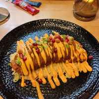 Hasselback sweet potato with millet and a (not too) spicy mayo at Hausbrauerei im Domhof in Speyer