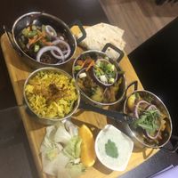 Veggie balti, chippati, garlic rice, veggie dupiaza, palak pakora starter    at Sheesh Mahal in Hartlepool