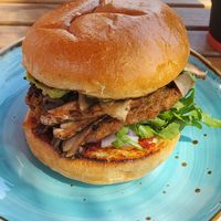Plant based burger at Aroma Espresso Bar - Avenue Rd in Toronto
