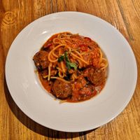 Delicious Vegan Pasta with vegan meat balls in pomodoro sauce at Squisito in Central Singapore