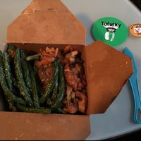 Vegan Thanksgiving at WholeFoods: roast veggies, mashed sweet potato, green beans, vegan stuffing, braised tofu at Whole Foods Market - Couch in Portland