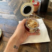 Yoghurt Pot (£5.50 vegan yoghurt topped with homemade granola and berry compote) - pretty small (only managed to get to full spoon out of it)  at Cafe@62 in Brighton