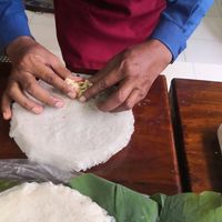 Making fresh vegan spring rolls at Nary Kitchen in Battambang